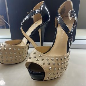 Rock and Republic tan studded high heals with adjustable strap size 8 1/2